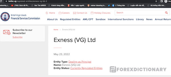 Thông tin của Exness (VG) Ltd tại website chính thức của FSC