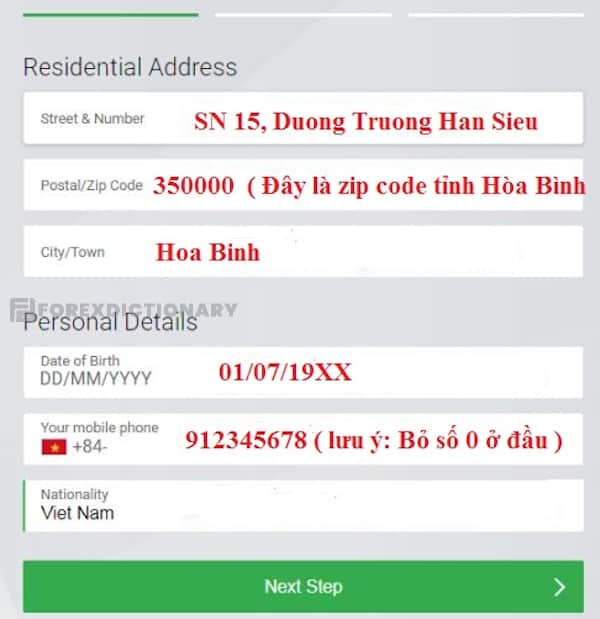 Điền các thông tin về địa chỉ cư trú khi mở tài khoản FxPro
