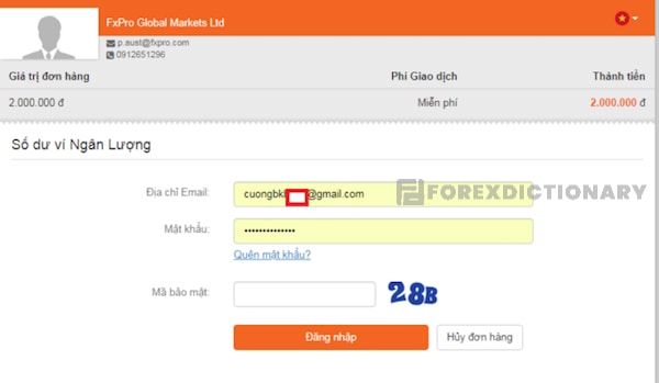 Màn hình thông báo giao dịch nạp tiền tại FxPro