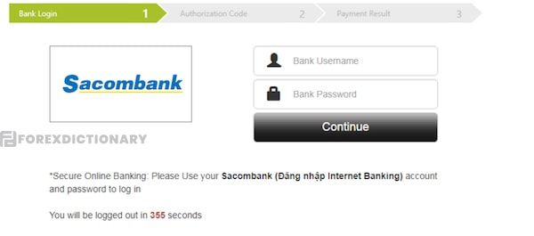 Giao diện nạp tiền qua ngân hàng Sacombank