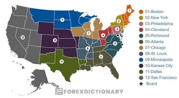 Hình ảnh phân bố rải rác của 12 ngân hàng dự trữ Liên bang tại 12 thành phố khác nhau của Hoa Kỳ