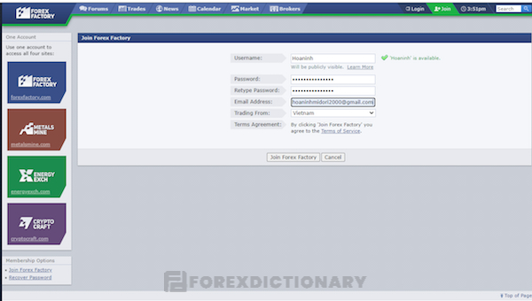 Điền các thông tin theo yêu cầu của ForexFactory