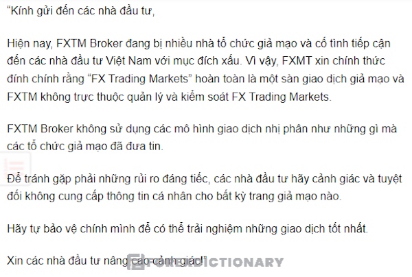 Thông báo của FXTM đến các nhà đầu tư về việc FX Trading Markets lừa đảo