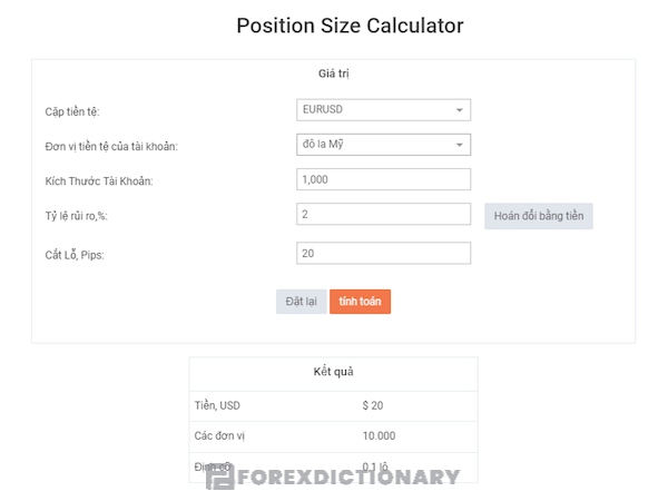 Kết quả khối lượng vào lệnh Forex được tính toán bởi phần mềm calculator